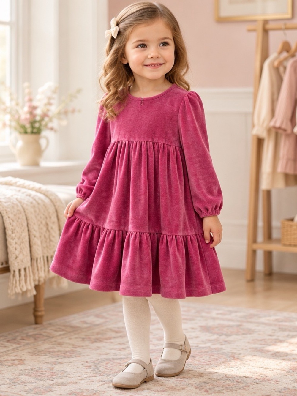 Mini Boden Teacup Pink Velvet Tiered Long-Sleeve Dress Girls Size 3-4 Years